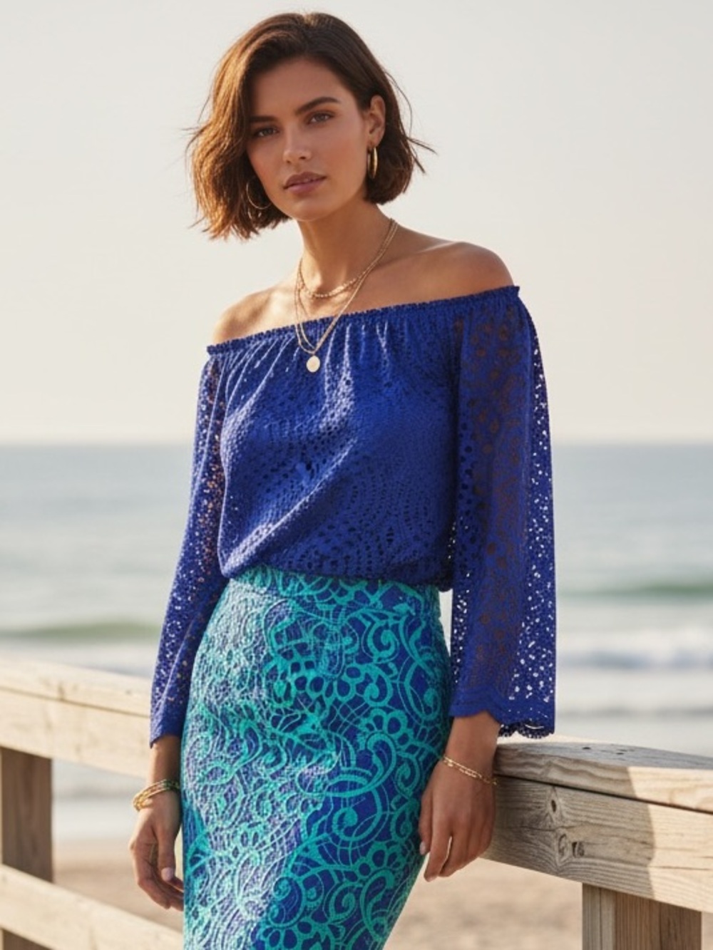 Lilly Pulitzer True Blue Marble Lace Off-The-Shoulder Top Blouse Size S